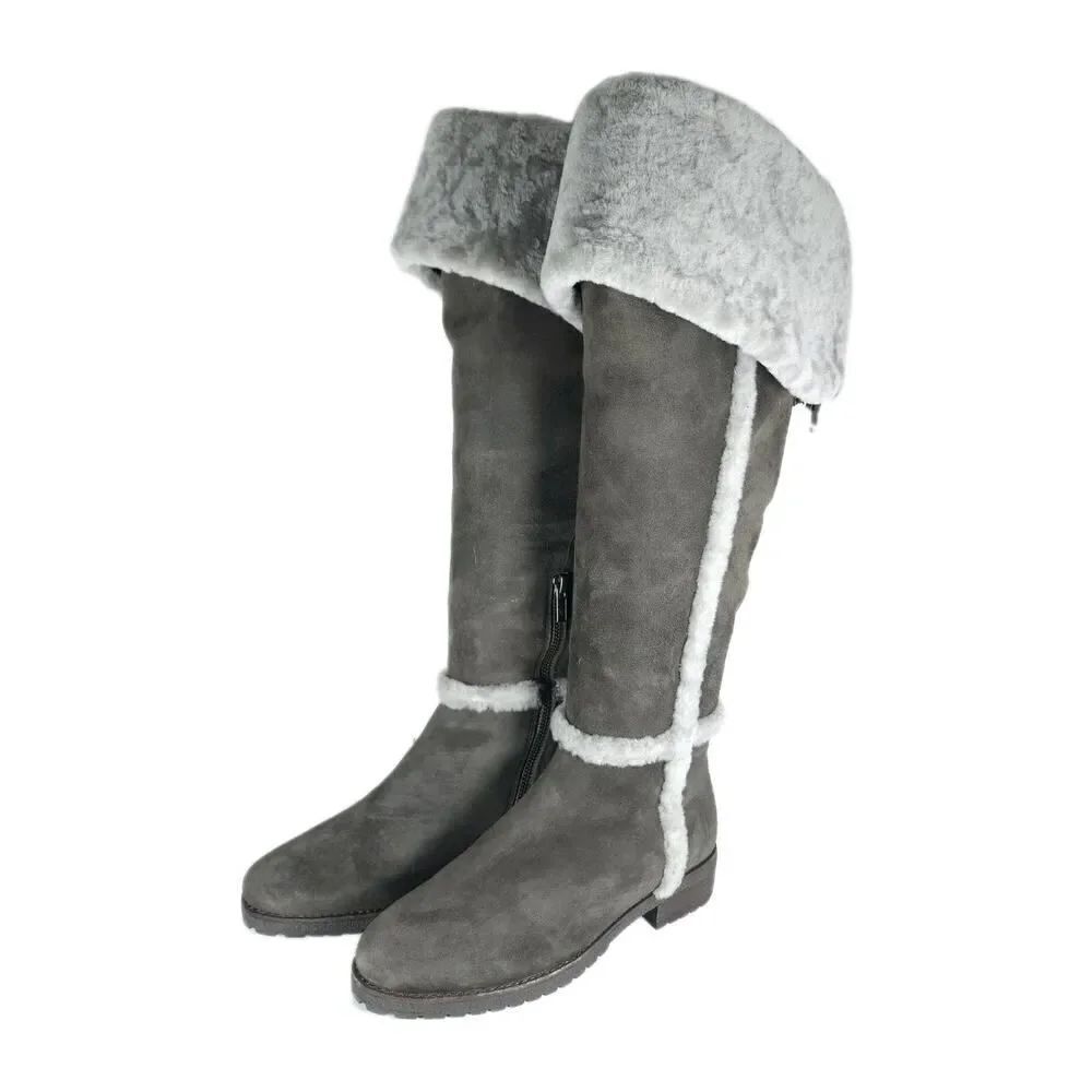Frye Women's Tamara US6,5 Gray Genuine Shearling Suede Over The Knee Snow Boots